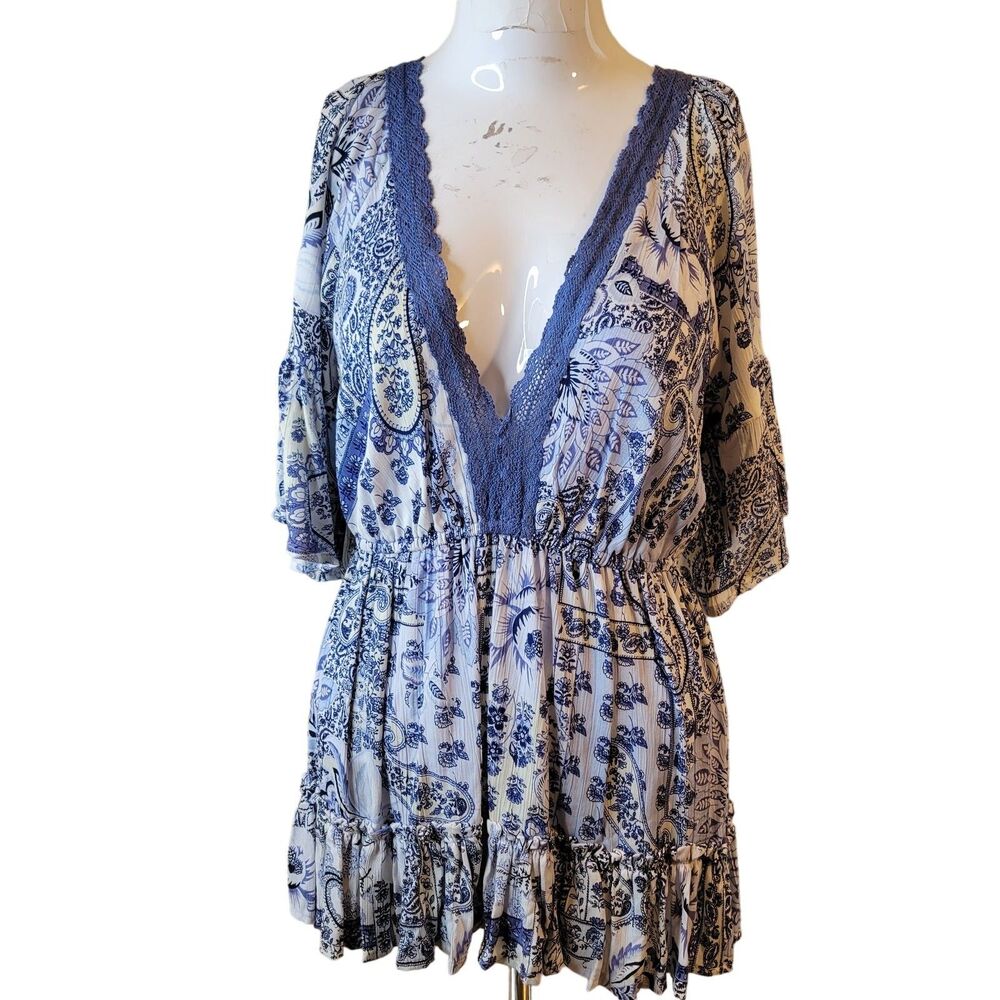 NEW Gypsy Love size M tunic top v-neck flower stretch elastic pleated ruffle NWT
